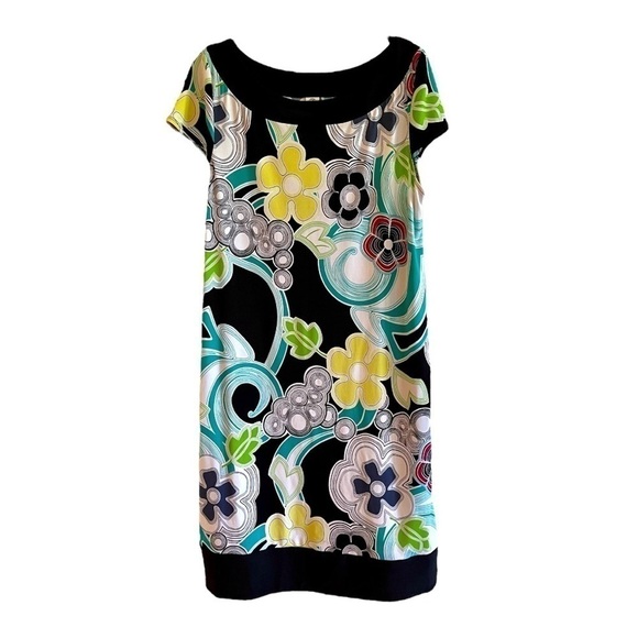 SANGRIA, SHIFT DRESS. BRIGHTLY COLORED PRINT WITH BLACK BANDED NECKLINE. SIZE 14 - Picture 1 of 7